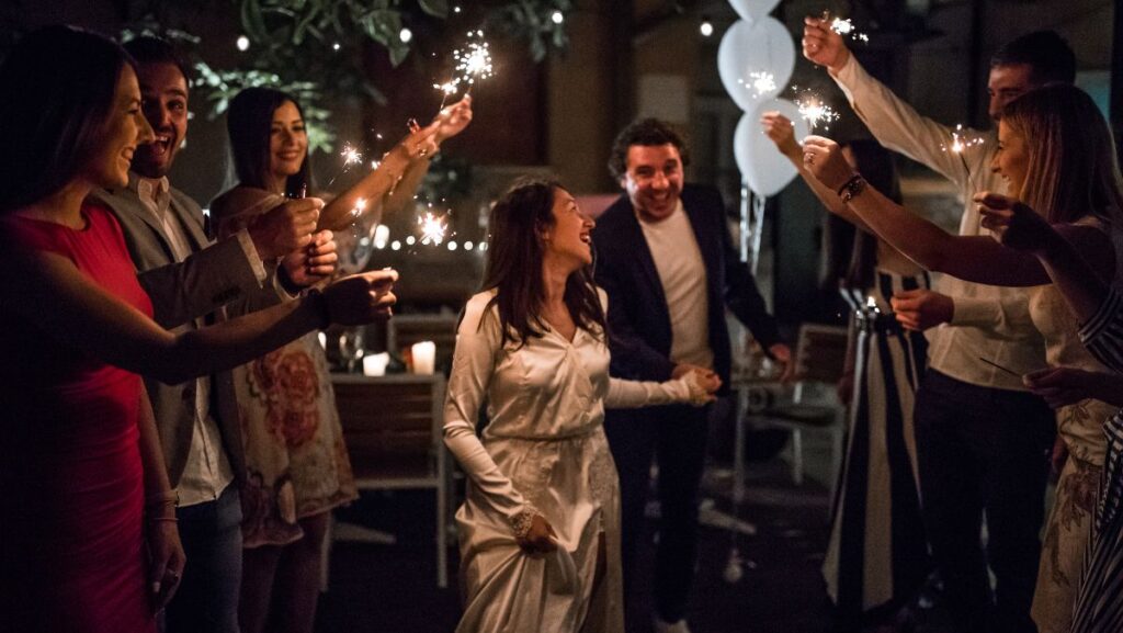 happy couple at a large event