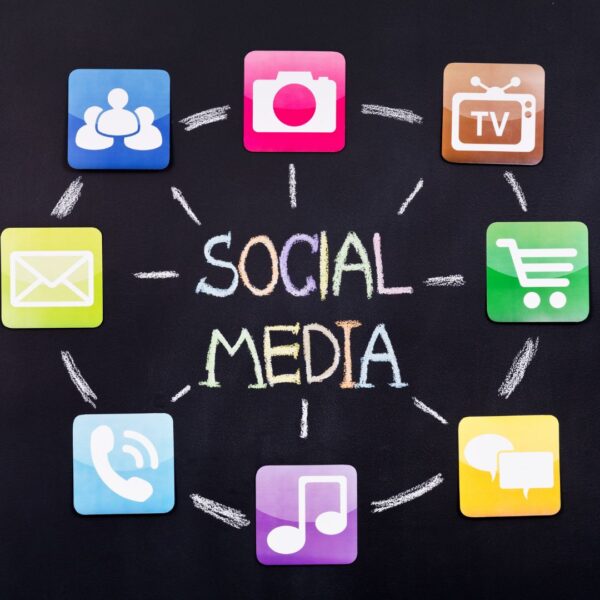 graphic with social media in the middle with icons branching out from it